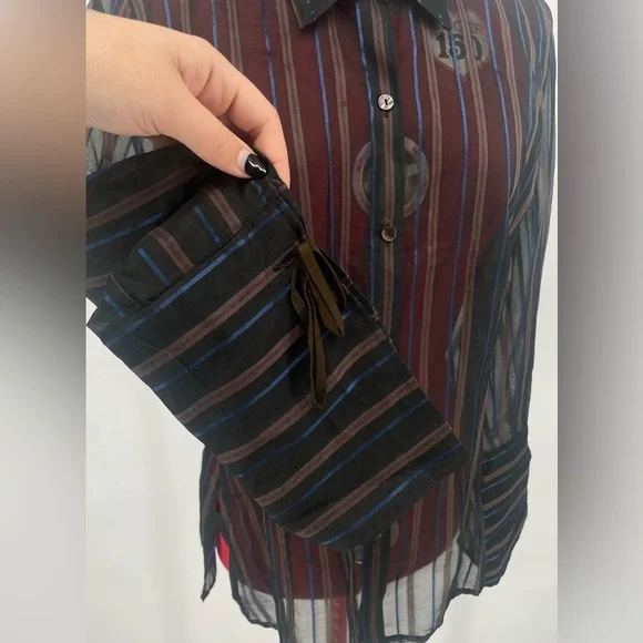 Vintage A’nue Ligne Black & Brown Sheer Striped Blouse With Flared Cuffs - Picture 3 of 9